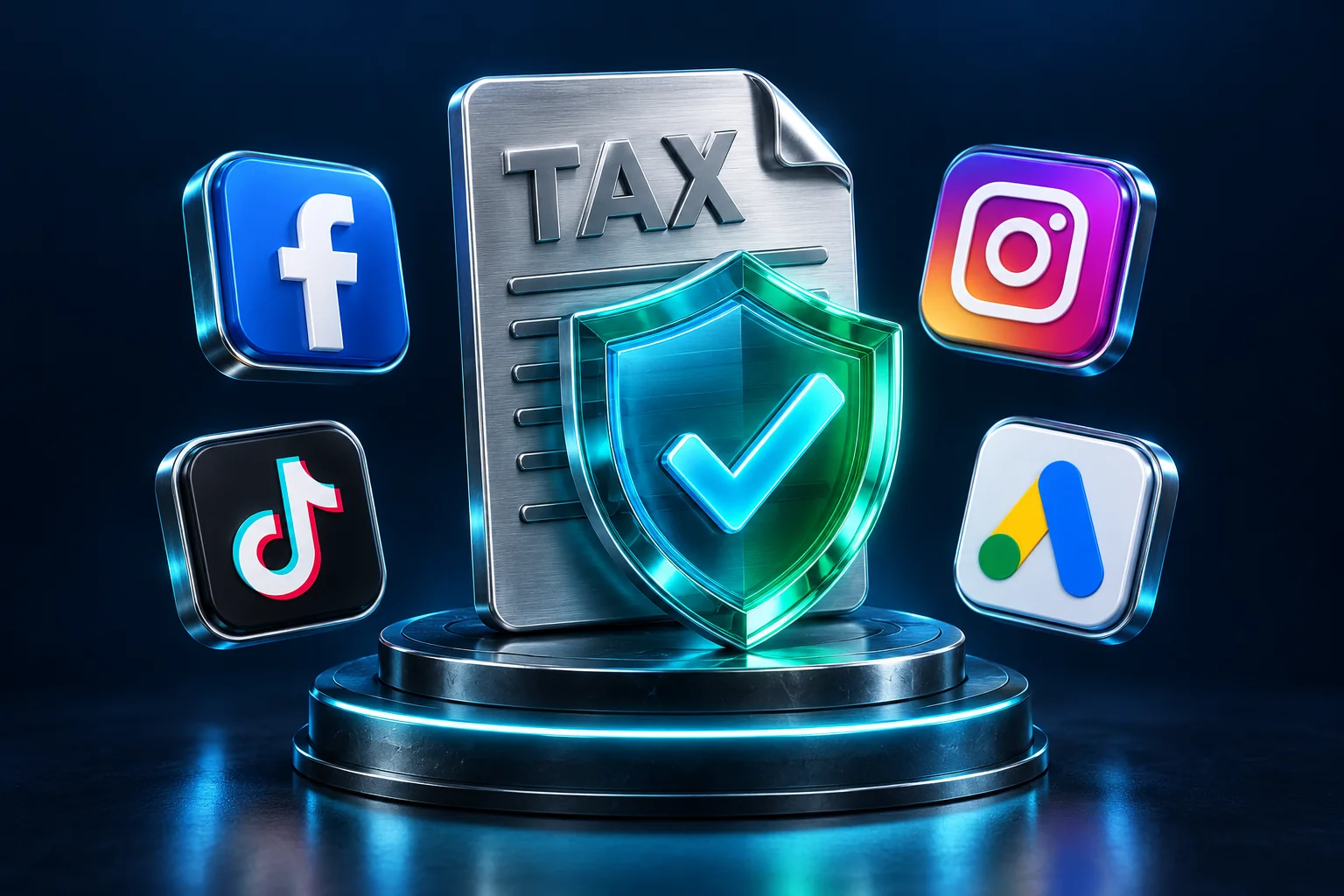 مجسم مستند TAX ودرع حماية مع شعارات Facebook وInstagram وTikTok وGoogle Ads